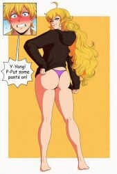 1boy ahoge ai_generated ass barefoot black_hoodie blonde_hair blue_eyes blush breasts butt clenched_teeth clothing embarrassed english_text female flying_sweatdrops from_behind full-face_blush full_body g-string grin hair_between_eyes hood hood_down hoodie jaune_arc kneepits long_hair looking_at_viewer looking_back no_pants nose_blush panties purple_eyes purple_panties rwby short_hair smile speech_bubble standing sweat teeth thighs thong underwear wavy_hair yang_xiao_long yellow_background