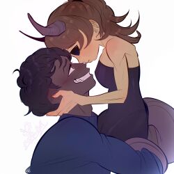 black_eyes blush bodysuit clapping_cheeks dark-skinned_ma dark-skinned_male eddsworld ellsworld horns hug hugging monster_girl nervous oc ocxcanon passionate sdanii skin_tight small_breasts smiling strapless tail_wrap tail_wrapped_around tamara_(eddsworld)