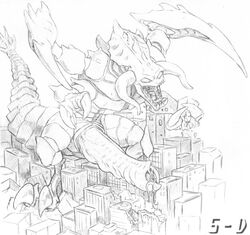 5-d acid building cho'gath city claws erection hyper hyper_penis league_of_legends macro male monochrome monster open_mouth pencil_(artwork) penis precum sketch solo standing traditional_media_(artwork) video_games