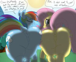 animal_genitalia anus ass big_ass blush chubby closed_eyes color dialogue dock dotkwa duo english_text equine equine_pussy female feral fluttershy_(mlp) friendship_is_magic huge_ass mammal my_little_pony open_mouth pegasus puffy_anus pussy rainbow_dash_(mlp) skullman777 text wings