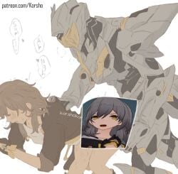 2girls armor artist_name black_armor black_gloves black_jacket blush bottomless breasts censored character_censor collarbone commentary cowboy_shot cum cum_on_body cum_on_legs from_side full_armor futa_with_female futanari gloves grey_armor grey_hair hand_on_another's_back heart helmet honkai:_star_rail honkai_(series) huffing jacket korshokor lapels long_hair long_sleeves mecha medium_breasts messy_hair moaning multicolored_armor multiple_girls no_eyes novelty_censor open_clothes open_jacket open_mouth patreon_username power_armor pussy_juice robot sam_(honkai:_star_rail) sex shirt sidelocks simple_background speech_bubble standing stelle_(honkai:_star_rail) sweat t-shirt trailblazer_(honkai:_star_rail) trembling white_background white_shirt yellow_armor