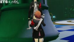 1boy1girl 1girl1boy armwear back_view blowjob brown_hair bunnxarts clothed_sex clothing collaboration eulathighstraps female human makoto_yuki male pale_skin pants_pulled_down persona persona_3 tartarus yukari_takeba yukari_takeba_(sees_battle_uniform)