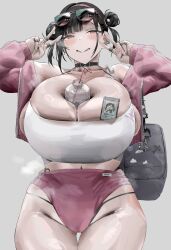 bag between_breasts biting_own_lip black_choker black_hair black_panties blush bottle bottle_between_breasts breast_pocket breasts buruma choker cleavage crop_top cropped_jacket double_bun double_v earrings female gigantic_breasts goddess_of_victory:_nikke grey_background hair_bun hairband huge_breasts jacket jewelry layered_clothes mole mole_on_thigh multiple_rings open_clothes open_jacket panties pink-framed_eyewear pink_buruma pink_eyes pink_hairband pink_jacket plastic_bottle pocket ring shirt short_hair shoulder_bag skindentation smile snake_earrings solo sora_(nikke) sora_(spring_flight)_(nikke) standing sunglasses sunglasses_on_head thigh_gap underwear v v_over_eye water_bottle whale_tail_(clothing) white_shirt yoric9266
