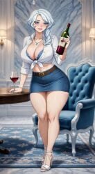 1girls ai_generated big_ass big_breasts blackroga blue_eyes curvy_figure denim_skirt elegant fancy female_only high_heels light-skinned_female milf mommy rooster_teeth rwby sexy short_skirt solo thick_legs thick_thighs voluptuous white_hair white_shirt willow_schnee wine wine_glass