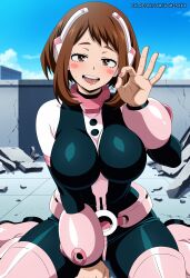 1girls :d ai_generated aimisaka belt black_bodysuit blue_sky blush blush_stickers bodysuit boku_no_hero_academia boots breasts brown_eyes brown_hair cloud day fanbox_username fellatio_gesture female female_only hand_between_legs large_breasts looking_at_viewer multicolored_clothes my_hero_academia ochaco_uraraka open_mouth outdoors pink_footwear saliva short_hair sidelocks sitting sky smile solo teeth thigh_boots tongue tongue_out wariza