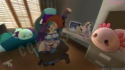 action_figure alternate_version_available artist_signature bedroom breasts brown_hair coffee_cup complex_background dyed_hair female female_only gamer_chair green_hair human_female jacket laptop lingerie missheekapussy on_chair painted_nails panties pantyhose plushie solo_female stretching tommykitten toxi_(oc) underwear watermark