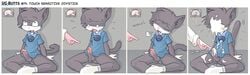 anthro balls bell bell_collar cat clothed clothes collar comic cum cum_on_body cum_on_chest cum_on_clothes cum_on_face cum_on_fingers cum_on_ground cum_on_hand cum_on_leg cum_on_self cumshot erection feline fur green_eyes grey_fur half-dressed leo_(vg_cats) male mammal orangebox orgasm penis premature_ejaculation sitting vg_cats vgbutts white_fur