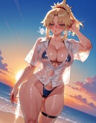 1girls ai_generated alternate_breast_size alternate_costume arm_at_side ass_visible_through_thighs balecxi bangs beach bikini bikini_under_clothes black_bikini blonde_hair blue_bikini blue_sky blush braid breasts breath cameltoe cleavage clothing cloud collarbone collared_shirt covered_navel covered_nipples curvaceous curvaceous_female curvaceous_figure curvy curvy_figure dress_shirt dutch_angle fate/grand_order fate_(series) female female_focus female_only french_braid gradient_sky green_eyes hair_ornament hair_scrunchie hand_up highleg highleg_bikini highleg_swimsuit inviting large_breasts long_hair looking_at_viewer micro_bikini mordred_(fate) mordred_(fate/apocrypha) navel ocean open_mouth orange_sky outdoors parted_bangs partially_unbuttoned ponytail presenting presenting_ass presenting_breasts presenting_hindquarters presenting_pussy presenting_self red_scrunchie scrunchie seductive seductive_look seductive_smile see-through see-through_shirt shiny_skin shirt shore short_sleeves sidelocks skindentation sky solo standing string_bikini sun sunset sweat swimsuit thick_thighs thigh_belt thigh_strap thighs voluptuous voluptuous_female water wet wet_clothes wet_shirt white_shirt