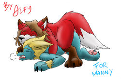 alfred_(umpherio) all_fours anal canine closed_eyes doggy_style duo feral fox from_behind furry furry_only gay male mammal manectric manny_(dialuca) nintendo nude on_top pawpads paws pokemon sex umpherio video_games