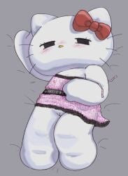 anthro babydoll bobtail_cat chibi clothing domestic_cat drunk felid feline felis female fur hello_kitty_(character) hello_kitty_(series) lingerie lingerie_only lying mammal nightgown on_back sanrio solo substance_intoxication touboutenshi translucent translucent_clothing white_body white_fur