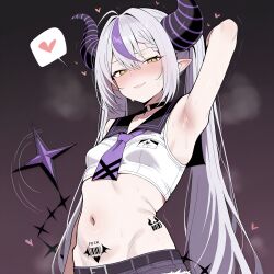 ai_generated ai highres absurdres hololive hololive_japan holox virtual_youtuber la+_darknesss 1girl demon_horns striped_horns large_horns pointy_ears horns tail yellow_eyes hair_between_eyes purple_hair streaked_hair grey_hair very_long_hair twintails ahoge looking_at_viewer light_smile closed_mouth lips blush nose_blush sweat very_sweaty sweatdrop petite small_breasts crop_top sleeveless_shirt white_shirt black_sailor_collar purple_necktie midriff navel stomach tattoo stomach_tattoo barcode_tattoo short_shorts belt arm_behind_head armpit_crease armpits sweaty_armpits presenting_armpit standing simple_background dark_background spoken_heart heart floating_hearts motion_lines steaming_body