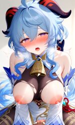 1girl bell black bodystocking blue hair blush breasts cowbell exposed nipples head out of frame huge long neck open mouth puffy pussy juice solo sweat torn clothes ganyu_(genshin_impact) genshin_impact ai_generated