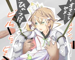 alisha_(tales) aqua_eyes armor blonde_hair blush breast_grab breasts bukkake censored cum ejaculation facial female hair_ornament kyuchan long_hair open_mouth penis tales_of_(series) tales_of_zestiria text translation_request upper_body