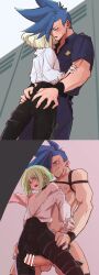 2boys androgynous ass ass_grab aus_vaka blush bob_cut censor_bar censored censored_penis choker clothed clothing collar embarrassed femboy femboysub feminine_male fully_clothed galo_thymos gay gay_sex grabbing_ass lio_fotia male open_shirt penis penis_between_legs penis_size_difference penises_touching promare short_hair size_difference sweat tight_clothing tight_pants twink yaoi