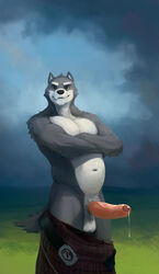 1boy anthro balls belt canine erection kilt male male_only mammal muscles penis precum presenting solo standing strange-fox uncut wolf