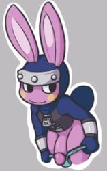 1boy aintsmart animal_crossing anthro clothing grey_background lagomorph looking_away male male_only mammal nintendo partially_clothed penis plain_background rabbit snake snake_(animal_crossing) solo video_games