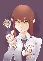 1boy 1boy1girl 1girls anal_fingering black_tie blonde_hair blush braid chainsaw_man denji_(chainsaw_man) ear eyebrows eyelashes femdom gesture handjob handjob_gesture hearts_around_head implied_handjob looking_at_another makima_(chainsaw_man) pale-skinned_female pale_skin prostate_massage prostate_massage_gesture prostate_milking prostate_stimulation psychic_handjob purple_background reaction_shot red_hair ringed_eyes sexually_suggestive sharp_teeth simple_background single_braid small_breasts smile steam suggestive_gesture sweat thick_eyebrows white_shirt yellow_eyes