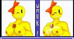 anthro anthrofied big_breasts blush bow breasts cum cum_on_breasts cumshot disembodied_penis duo female lipstick male ms._pac-man multiple_images nude orgasm pac-man_(series) paizuri penis solo_focus straight text theicedwolf