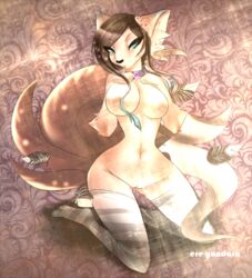 anthro breasts canine clothing collar ere-yandara feathers female fox legwear looking_at_viewer mammal nude pussy shikaa stockings