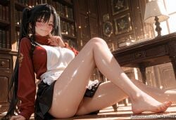 ai_generated apron arm_support bangs bare_legs barefoot black_hair black_skirt blue_eyes blush book bookshelf breasts clock closed_mouth fate_(series) feet female female_only finger_to_mouth index_finger_raised indoors kermixx knee_up lamp large_breasts long_hair long_sleeves looking_at_viewer miniskirt no_panties pleated_skirt pussy red_sweater shiny shiny_skin shushing sitting skirt smile solo sweat sweater table thighs toes tohsaka_rin turtleneck turtleneck_sweater twintails very_long_hair wet white_apron
