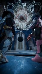 1other 2girls 3d bunter_(hunter) clothed clothed_female destiny_(game) destiny_2 guardian_(destiny) holding_object holding_weapon hunter_(destiny) imminent_rape imminent_vore kali_(hunter) monster monster_on_female non-human tagme taken_(destiny) tentacle weapon zdots