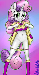 2015 anibaruthecat anthro anthrofied clothing equine female friendship_is_magic green_eyes hair hair_on_head horn long_hair mammal my_little_pony navel panties panties_down pussy smile solo sweetie_belle_(mlp) two_tone_hair underwear unicorn young