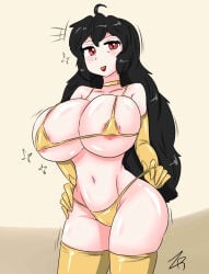 1girls big_breasts bikini bikini_bottom bikini_top black_hair black_hair_female breasts female female_only gold_bikini half-dressed half_naked half_naked_female long_hair long_hair_female raven_branwen red_eyes rwby small_bikini solo_female thighhighs zronku
