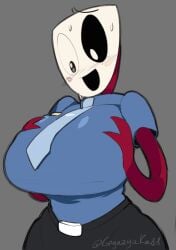 1girls :d blue_shirt blush breasts clothed clothed_female colored_skin curvy curvy_female deviantart deviantart_link deviantart_username fanart fanart_from_twitter female female_only gangle_(the_amazing_digital_circus) gangle_with_a_body grabbing_breasts grabbing_own_breast grey_background gryazyuka88 huge_breasts looking_at_breasts manager_gangle necktie nervous nervous_face nervous_smile nervous_sweat open_mouth police_uniform simple_background solo sweat the_amazing_digital_circus twitter_link twitter_username