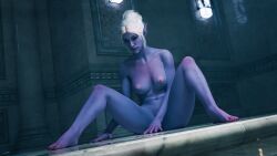 baldur's_gate baldur's_gate_3 breasts drow dungeons_and_dragons medium_breasts minthara naked naked_female nipples nude nude_female pink_nipples pointy_ears purple_skin shaved_pussy theraixesilver tied_hair white_hair