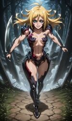 1girls abs ai_generated aispanhenani armored_boots armored_dress athletic athletic_female attack_on_titan bare_breasts belly_button bikini_armor black_sclera blade blonde_hair blue_eyes boots colored_sclera crazy_smile crossover fit fit_female historia_reiss imminent_attack long_hair medium_breasts muscular_female navel shingeki_no_kyojin six_pack small_breasts smile smiling smiling_at_viewer standing witchblade wrist_blades