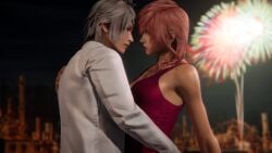 1boy 1boy1girl 1girls 3d couple dress eclair_farron final_fantasy final_fantasy_xiii fireworks hope_estheim looking_at_partner pink_hair romantic romantic_couple samarise silver_hair standing straight
