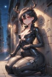 ai_generated antlers black_hair christmas elf_ears eye_contact female gloves pixie_cut red red_eyes red_gloves seductive_expression short_hair smirk smug_expression teasing usebackdooronly zan50ai