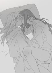 2girls bare_legs bare_shoulders blush commentary_request female fingering fujino_shizuru greyscale guri_gom hand_on_another's_neck hickey highres japanese_clothes kimono korean_commentary kuga_natsuki long_hair monochrome multiple_girls my-hime off_shoulder parted_lips pussy pussy_juice yuri