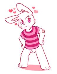 1boy 2015 3_fingers 3_toes angry anthro balls bandaid chibi clothing fur heart lagomorph looking_at_viewer male male_only mammal oob pink_eyes pink_nose rabbit shirt solo standing toes white_body