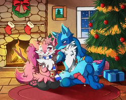 2015 alternate_color animal_genitalia anthro blue_eyes blue_fur blush braixen breasts canine_penis chest_tuft christmas christmas_tree drink duo erection eye_contact fan_character female fireplace flower fluffy fluffycatherine foxyfur26 front_view fur holidays inside kneeling knot lucario male nintendo one_eye_closed penis pink_eyes pink_fur plant pokemon pokemon_(species) precum rikuaoshi rug sitting smile straight tree tuft video_games white_fur wink