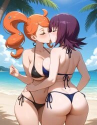 ai ai_art ai_generated beach beach_background bikini black_bikini black_swimsuit black_swimwear blue_bikini blue_swimsuit blue_swimwear female game_freak green_eyes green_eyes_female kiss kissing making_out nintendo orange_hair orange_hair_female philena_ivy pokemon pokemon_rgby pokemon_swsh purple_eyes purple_eyes_female purple_hair purple_hair_female sonia_(pokemon) swimsuit swimwear