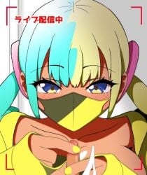 animated blue_hair breasts canari_(pokemon) canary_(pokemon) censored cleavage cum ejaculation facemask handjob jiro_(j-works) mosaic_censoring nail_polish pokemon pokemon_legends:_z-a small_penis small_penis_adoration tagme two-finger_handjob two-tone_hair video yellow_hair yellow_nails