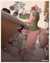 animal_genitalia animal_penis anthro anthro_on_anthro anthro_penetrated anthro_penetrating anthro_penetrating_anthro apron barista blue_eyes bodily_fluids bottomless bottomless_anthro bottomless_male bovid canid canine canine_genitalia canine_penis caprine clothed clothing cloven_hooves coffee_shop counter cum cum_in_mouth cum_inside cum_on_face cum_pooling cumshot dialogue duo ejaculation english_text erection fellatio fluffy fluffy_tail fur genital_fluids genitals goat hair hi_res hooves horn humanoid_genitalia humanoid_penis interspecies kneeling knot male male/male male_penetrated male_penetrating male_penetrating_male mammal noxavious oral penetration penile penis penis_size_difference pink_hair red_hair red_horn sex stealth_sex tail tan_body tan_fur text white_body white_fur