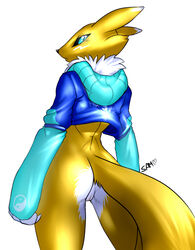 2015 anthro ass back bandai blue_eyes blush bottomless canine chest_tuft clothed clothing digimon female fox fur half-dressed looking_at_viewer looking_back mammal plain_background pussy rear_view renamon solo standing thunder-renamon tuft white_background yellow_fur