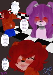 after_sex animatronic anthro ass blue_skirt blush bonnie_(fnaf) brown_eyes brown_fur color comic discordmelody female five_nights_at_freddy's freckles full_page fur hair jasmine_ivory lagomorph machine male mammal mechanical purple_fur pussy rabbit red_hair robot rodent smile squirrel tongue