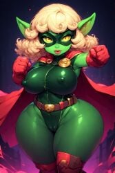 ai_generated big_breasts blonde_hair breasts clenched_fist curvy female goblin goblin_female huge_thighs nipple_outline shortstack superheroine voluptuous