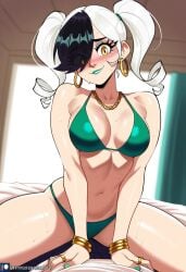 ai_generated bikini black_hair blush blush_lines blushing civitai cookiasncream cowgirl_pose cowgirl_position green hilda_esmíc_(character) jewelry kaybur_(series) la_gran_guerra_(series) light-skinned_female light_skin light_skinned_female medium_breasts twintails white-skinned_female white_hair yellow_eyes