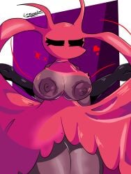 1girls black_hands breasts bug bug_girl carmelita closed_eyes dress exposed_breasts female female_only high_resolution highres hollow_knight hollow_knight:_silksong leismirart looking_at_viewer moonlightdrawinguwustyle queen_carmelita red_body red_dress red_skin