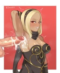 1boy 1girls angry armpit_fetish armpit_sex armpits arms_up blonde_hair blush clothed_female_nude_male cum cum_in_armpit cum_on_armpit female gravity_rush kat_(gravity_rush) male scowl shinom_(shinom0079)