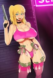 ai_generated alley big_breasts blonde_female blonde_hair blue_eyes breasts condom crop_top dollar_bills fat_tits female filled_condom ghetto gintama gun holding_gun huge_breasts kijima_matako lights money money_in_thighhigh neon_lights pink_clothing prostitute prostitution sexy sexy_pose skimpy skimpy_clothes teasing thighhighs thin_female thin_waist tongue_out