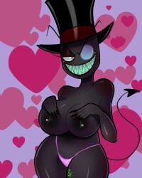 artist_request black_body black_hat_(villainous) breasts cartoon_network cartoon_network_latin_america_original_productions female genderswap_(mtf) grin heart_background large_breasts looking_at_viewer monocle naked nipples rule_63 rule_63 rule_63 semi-naked sharp_teeth tagme top_hat top_hat_only villainous