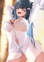 1girls amano_nene_(vtuber) bandaid bandaid_hair_ornament black_hair blue_eyes blue_hair blurry blurry_background breasts button_gap colored_inner_hair female female_focus female_only hair_ornament hi_res highres large_breasts long_hair mole mole_on_breast mole_under_eye multicolored_hair naked_shirt navel one_eye_closed open_mouth production_kawaii shirt sleeves_past_wrists solevisionarts solo stretching twitter_username virtual_youtuber vtuber white_shirt yawn yawning