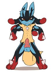 1boy 2015 3_fingers 3_toes angry animal_genitalia anthro balls canine_penis chibi clenched_teeth erection fur knot looking_at_viewer lucario male male_only mega_evolution mega_lucario nintendo oob penis pink_penis pokemon pokemon_(species) pose red_eyes solo spikes standing teeth toes vein veiny_penis video_games