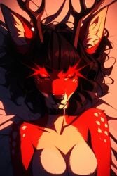 ai_generated animal_ears antlers beach black_hair elf_ears eye_contact faun female furry gloves pixie_cut red red_eyes red_fur red_gloves seductive_expression short_hair smirk smug_expression stripper teasing usebackdooronly