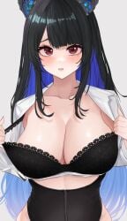 absurdres black_bra black_corset black_hair blue_hair bra breasts cleavage clothes_pull collarbone corset demon_horns female highres hololive hololive_english horns large_breasts long_hair mole mole_under_eye multicolored_hair nerissa_ravencroft parted_lips pynkmouth red_eyes shirt shirt_pull solo two-tone_hair underwear very_long_hair virtual_youtuber white_shirt